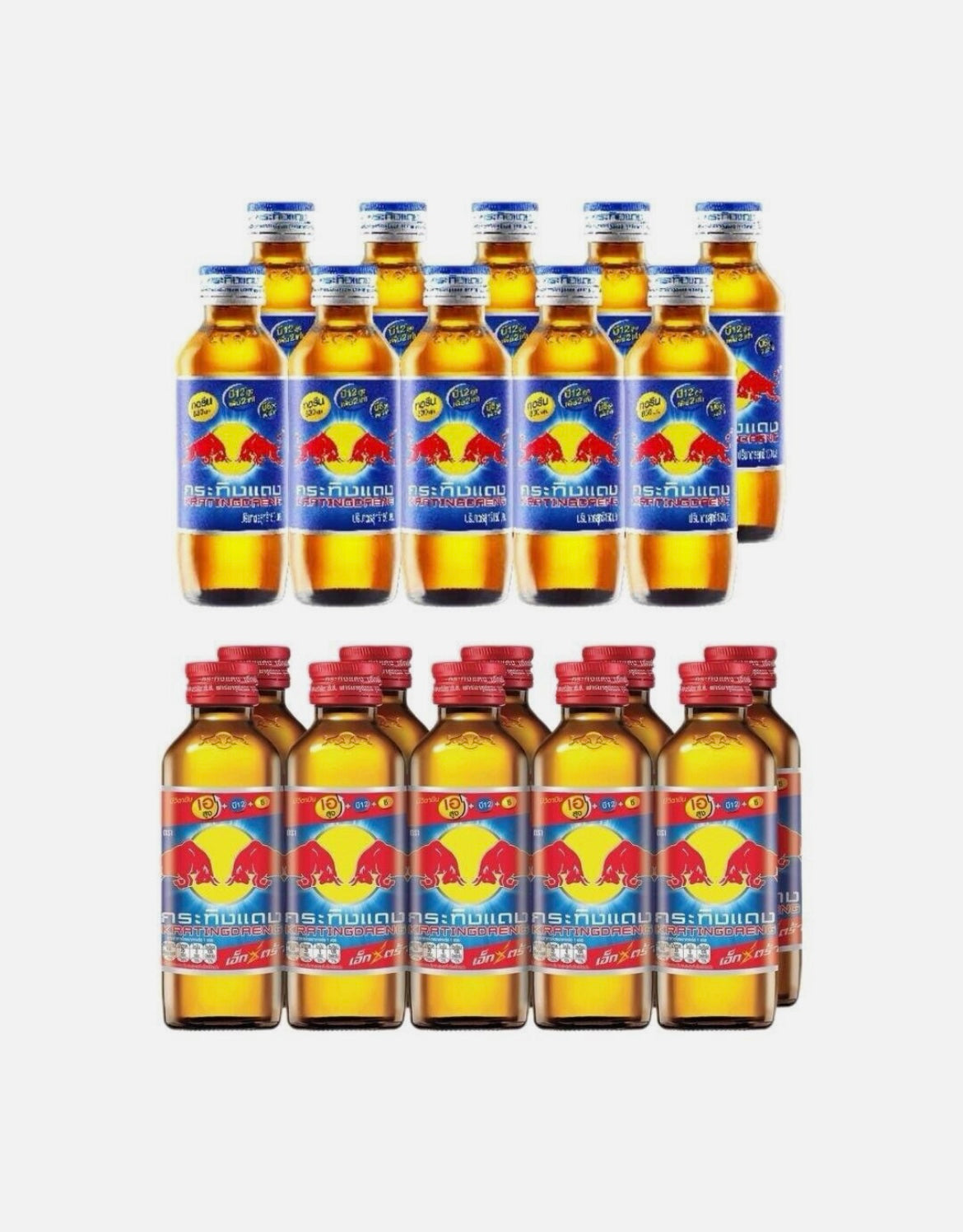 Thailand Red Bull Kratingdaeng Drink (Bundle of 20 x 150ml Glass - 10 Blue / 10 Red Caps) - Energy Beverage (Thailand)